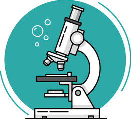 Modern laboratory microscope illustration with teal background, symbolizing scientific research, biology, chemistry, innovation, and laboratory equipment in flat design.