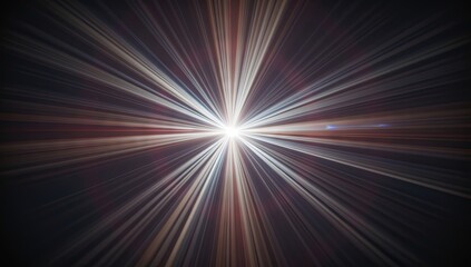 Brilliant burst of light emanates from a central point, creating dynamic radial beams of white, grey, and reddish-brown hues against a dark background, showcasing an energetic, futuristic composition.