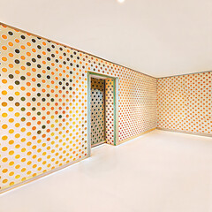 Цветной интерьер с горошком, современный дизайн, минималистичный стиль, яркие цвета, место для текста