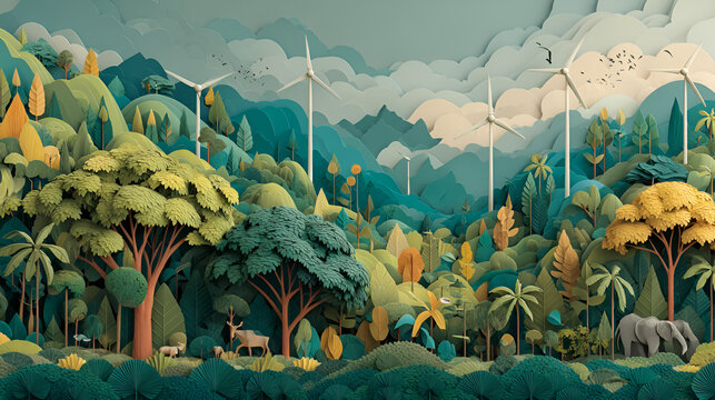 Lush Forest Landscape with Wind Turbines and Animal Wildlife