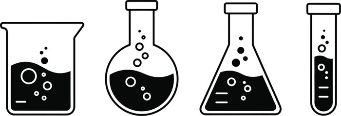 Set of laboratory glassware icons including beaker, flask, and test tube with bubbling liquid for chemistry and science research.