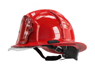 Shiny red firefighter helmet isolated on transparent background