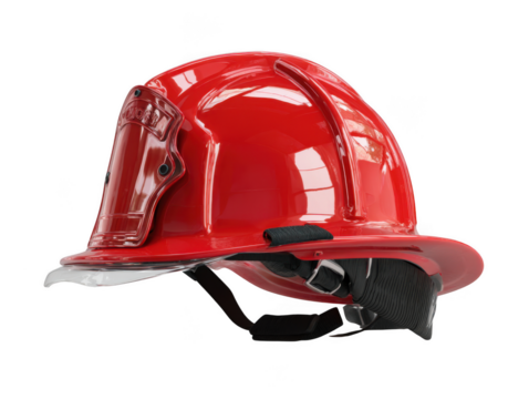 Shiny red firefighter helmet isolated on transparent background