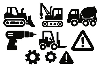 Naklejka premium Brutalist Machine Icons. Heavy Machinery silhouette icon set: bulldozer, crane, dump truck, cement mixer, drill, forklift, gear, caution sign.