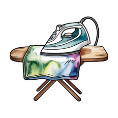 Electric iron on an ironing board with watercolor cloth cover