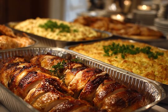 A delectable spread of roasted chicken and creamy casseroles, a feast for the senses and a celebration of culinary delights.