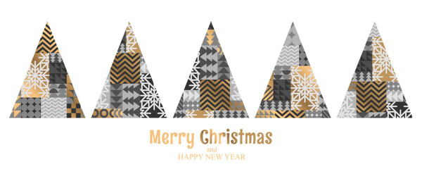 Merry Christmas vector illustration with bauhaus Christmas trees and abstract geometric shapes pattern isolated on white background. Modern flat design template for card, poster print, banner