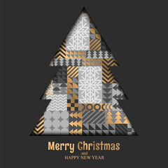 Merry Christmas vector illustration with Christmas tree and abstract geometric shapes pattern isolated on black background. Holiday flat design template for card, poster print, banner