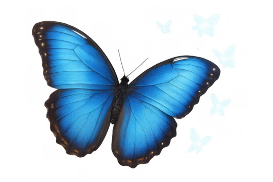 Blue morpho butterfly spreading its wings, a symbol of transformation. Smaller glowing white butterflies are flying around it