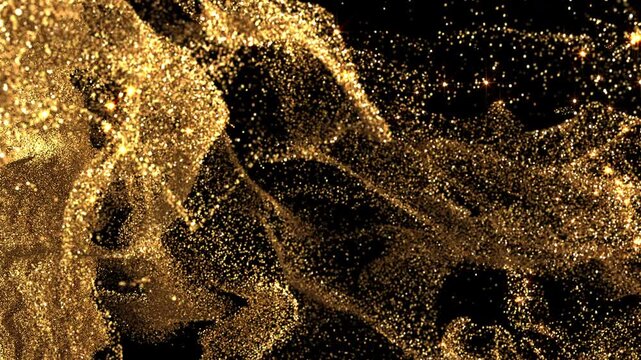 A stunning 4K cinematic video transition where a full frame of rich golden sand texture dramatically wipes away from right to left, revealing the background. Fine golden particles with  star glow