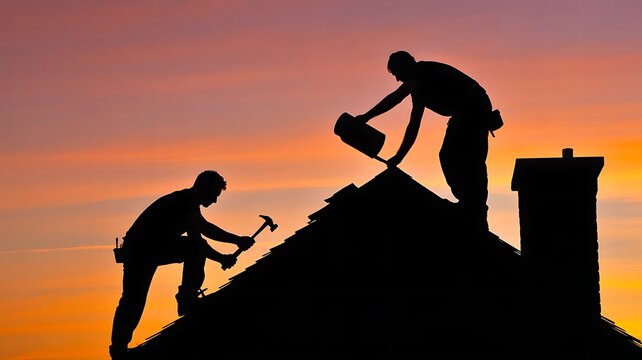 Construction Workers on Roof During Golden Hour with Tools Photo