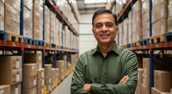 middle age indian man standing at warehouse