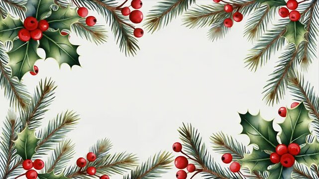 Animated Christmas frame with branches, holly, and red berries for a festive celebration