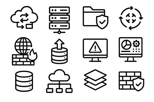 Data Security Icons. Hybrid Migration linear icon set: connected clouds, server rack, secure folder, data flow, shield emblem, virtualization layers, network globe, firewall wall,
