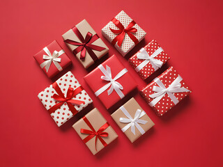 Nine Wrapped Gifts with Red Ribbons Arranged on Vibrant Red Background