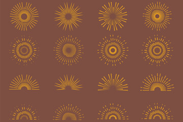 Vintage starburst. Sunburst shapes, bursting sun rays, sunshine. Radial fireworks burst, sunset and sunrise, star beams, sparkle elements. Vector classic boho logo line set. Sunburst vector set sun 
