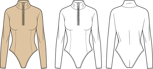 Technical flat sketch of women long sleeve bodysuit with zipper front and high neck, front and back CAD vector template © Khadija Creatives