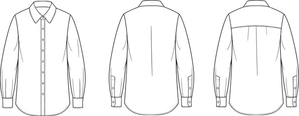 Technical flat sketch of classic long sleeve shirt with collar and button placket, detailed fashion CAD clothing vector template illustration