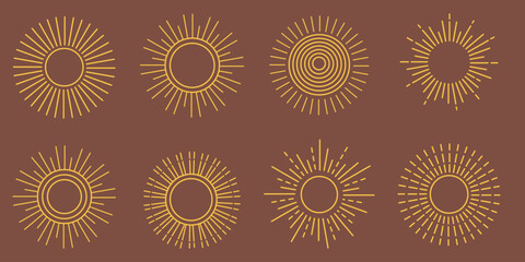Fototapeta premium Vintage starburst. Sunburst shapes, bursting sun rays, sunshine. Radial fireworks burst, sunset and sunrise, star beams, sparkle elements. Vector classic boho logo line set