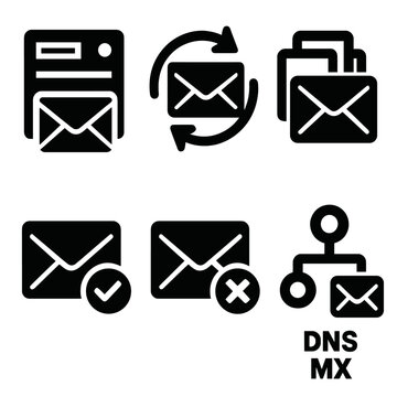 Email Infrastructure Icons. Email Infrastructure silhouette icon set: SMTP server, IMAP sync, mail queue, delivery status, bounce message, DNS MX record.