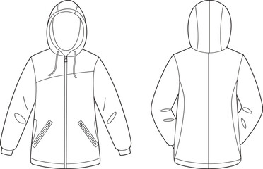 Front and back technical flat sketch of hooded jacket, outerwear fashion design template, zip-up windbreaker CAD drawing vector illustration