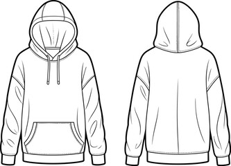 Hoodie front and back technical flat sketch, sweatshirt fashion design template, pullover hoodie CAD drawing vector, apparel garment illustration, outline