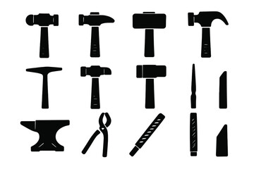 Metalworking Tools Icons. Metalworking Hammers silhouette icon set: ball-peen hammer, cross-peen hammer, sledgehammer, machinist hammer, chipping hammer, riveting hammer, dead blow