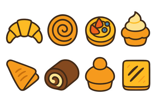 Colorful Pastry Icons. Fresh Bakery Pastries Icons flat icons: croissant, danish swirl, fruit tart, cream puff, turnover, chocolate roll, brioche, puff pastry - Powered by Adobe