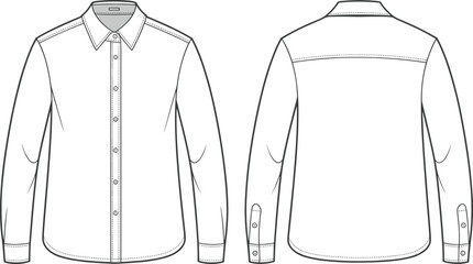 Technical flat sketch of men’s long sleeve shirt with collar and button placket, detailed fashion CAD clothing vector template design