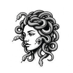 "Medusa Portrait with Serpent Hair in Monochrome"