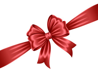 Elegant Red Satin Ribbon Bow Tied Diagonally on White Background