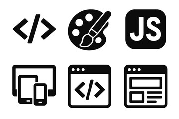 Brutalist Web Icons. Web Programming silhouette icon set: HTML tag, CSS palette, JavaScript icon, responsive layout, code editor, browser preview.