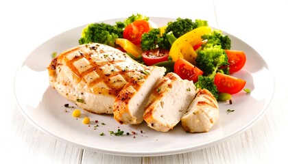 A grilled chicken breast, partially sliced, beside a vibrant salad of broccoli, tomatoes, and bell peppers. It is presented on a white plate
