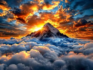 Naklejka premium Majestic Sunset Over Snow-Capped Mountain Peaks Nature Landscape Photography Serene Cloudscape Panoramic View