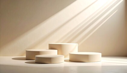 A neutral-toned studio set, featuring four cylindrical platforms. Light filters in, casting long shadows. Ideal for product displays
