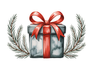 Festive Watercolor Christmas Gift Box with Red Ribbon and Pine Branches