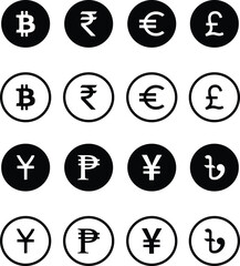 Collection of most popular currency symbol isolated on white background. Currency signs: dollar, yen, ruble, rupee, yuan, pound, franc and euro. Simple design of the most popular currency. Banknotes.