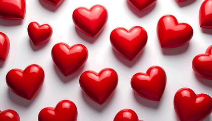 A pattern of glossy, red hearts floats against a white background