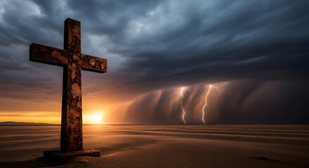 The silhouette of a rusty metal cross in the middle of a vast desert as a sandstorm approaches, with lightning flashing in the distance