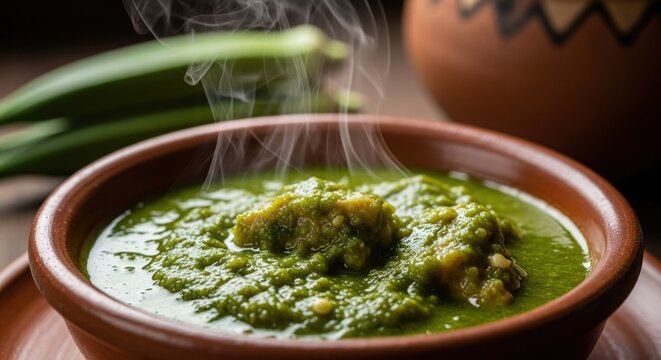 Slimy Beninese Sauce Gombo – Okra Stew with Fish or Chicken in Ceramic Bowl | Okra Pod & Mud Pot, Lush Garden Light