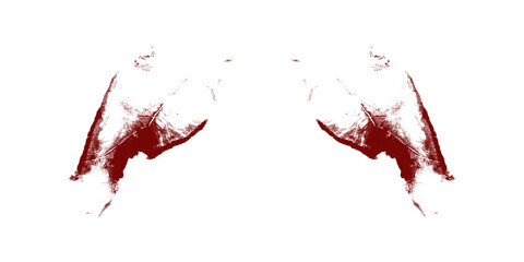 Abstract red footprint textured shapes resembling symmetric human hands