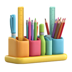 Bright stationary organizer with colored pencils, pen, & ruler