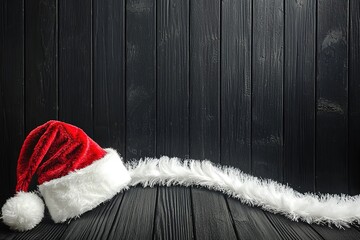 Black wooden background with white fur border and Santa hat, festive card