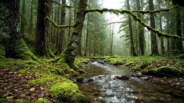 Tranquil forest scene with flowing water and moss covered trees