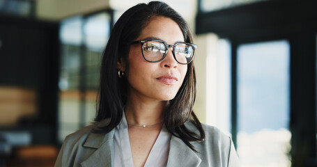 Thinking, glasses or woman in office with window, plan or problem solving in operation issue. Reflection, idea or project advisor in agency with eyewear, solution or daydreaming in strategic forecast