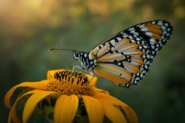 Monarch butterfly resting on a yellow flower detailed wings and vibrant colors nature photography