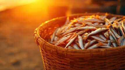 Obraz premium A woven basket filled with small fish shines in the warm glow of a sunset, capturing the essence of a coastal fishing scene.