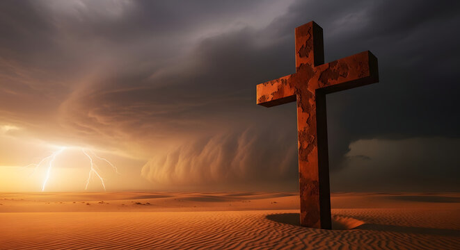 The silhouette of a rusty metal cross in the middle of a vast desert as a sandstorm approaches, with lightning flashing in the distance