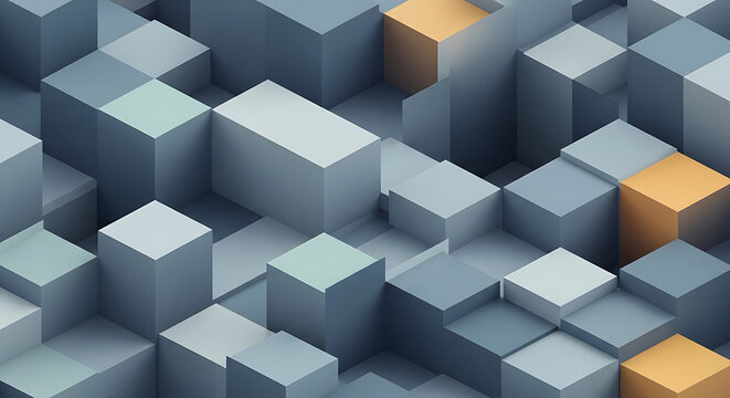 Geometric arrangement of gray and gold cubes creating an abstract three dimensional landscape