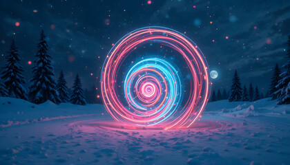 Glowing spiral light trail in a snowy winter landscape a magical and festive scene perfect for holiday backgrounds